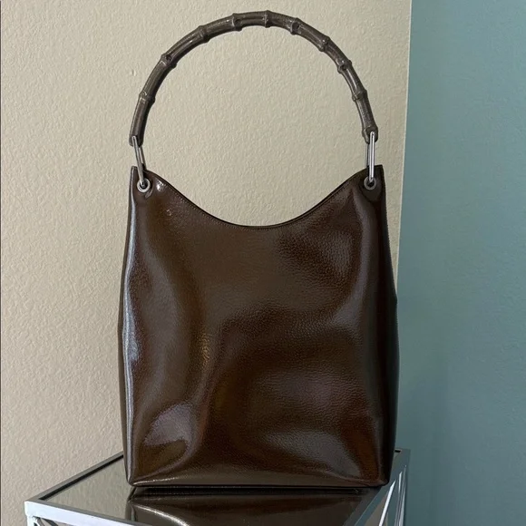 Gucci Dark Brown Patent Leather Bamboo Handle Hobo Bag Tom Ford