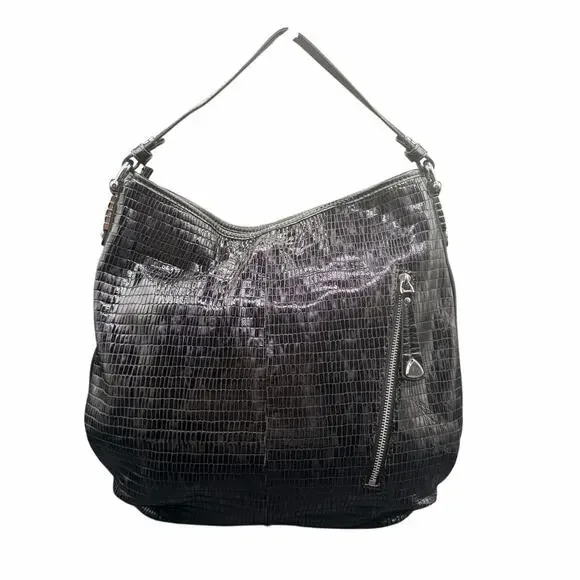 Wanlima Black & Purple Croc Embossed Leather Hobo Shoulder Bag Large