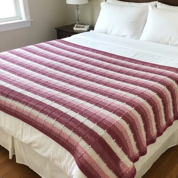 Vtg 70s Pink Stripe Granny Knit boho Blanket Cottagecore 55x75 FULL afghan throw