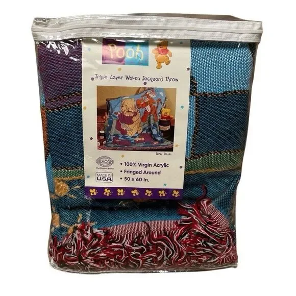 VTG Disney Winnie the Pooh Pooh Picnic Woven Tapestry Throw BlanketFringed 50x60