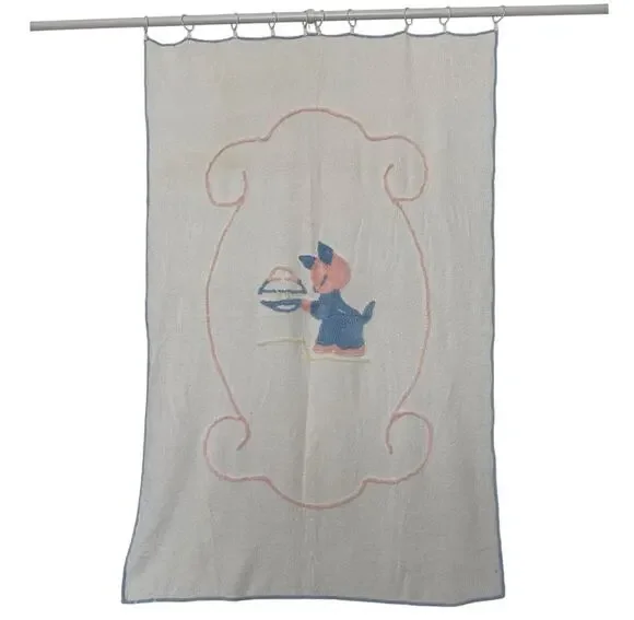 Vintage 1940s–1950s Baby Chenille Crib Blanket 40x61 Blue Pink Kitten Nursery