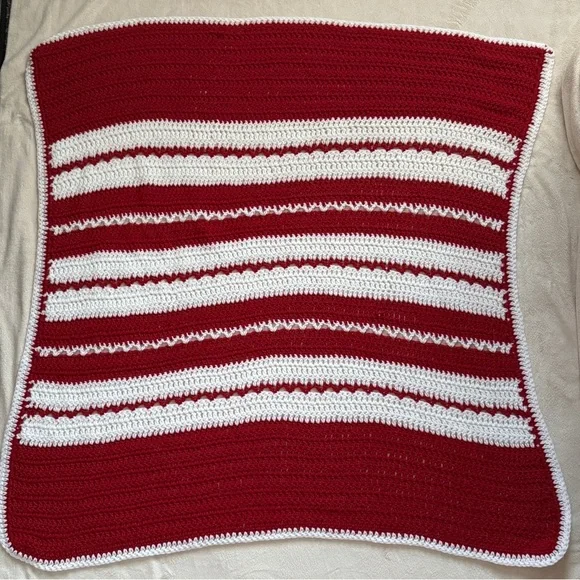 Red and White Striped Pattern Crochet Throw