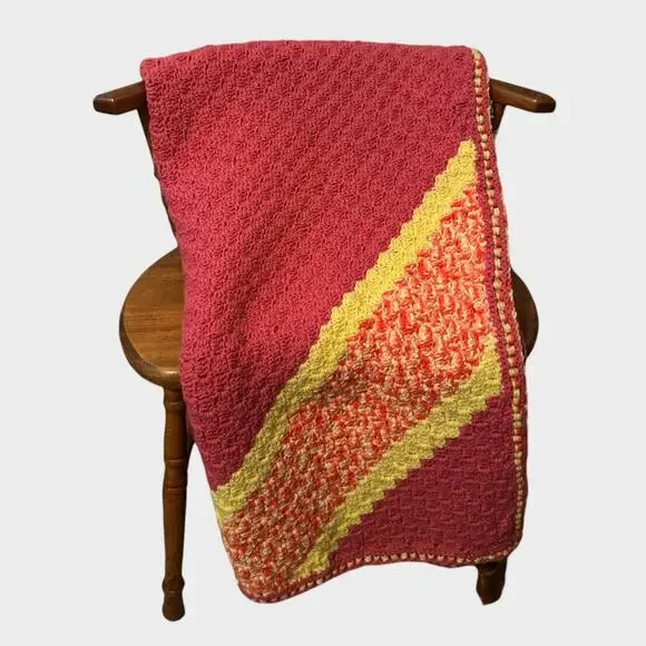 Handmade Crochet Pink with Pale Yellow Acrylic Yarn Afghan Blanket 48