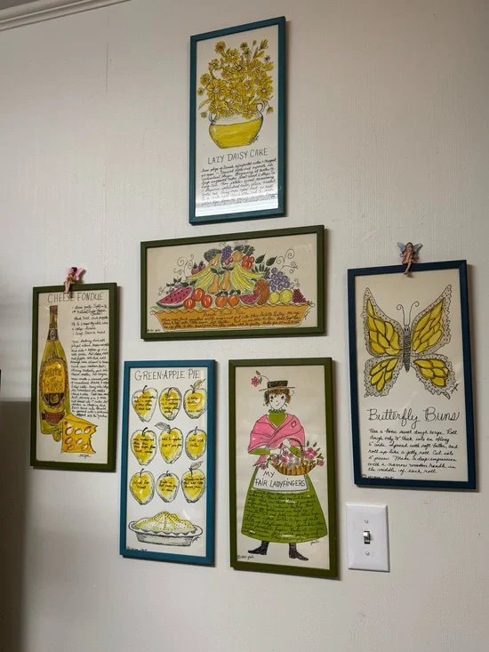 Set of 6 Vintage-Style Framed Kitchen Prints - by Jacque.  9”x17” approx.