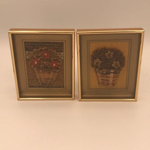 Set of 2 Vintage‎ Framed Handmade Quilled Flowers in Woven Baskets