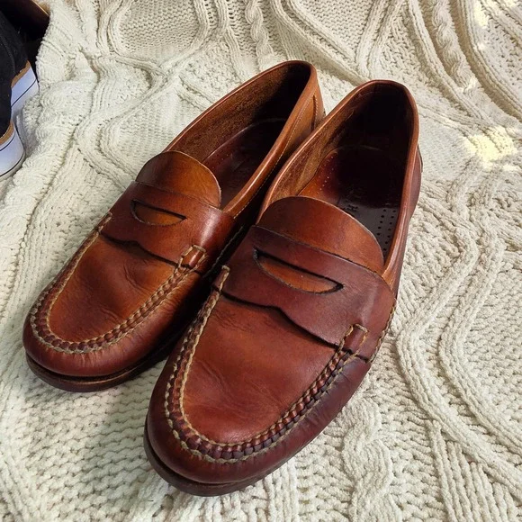 VTG Cole Haan Country Penny Loafers Brown Handsewn Leather Mens 12 Narrow Brazil