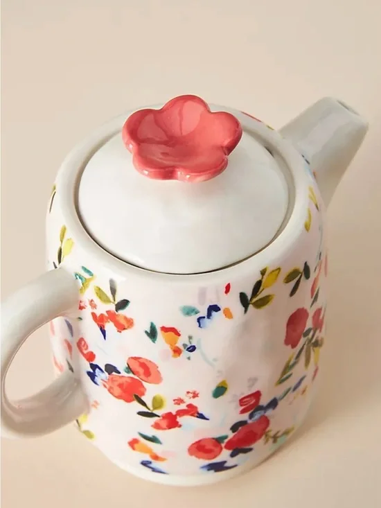 Anthropologie Luna Tea for One Ceramic Teapot with Pink Flower Lid Knob