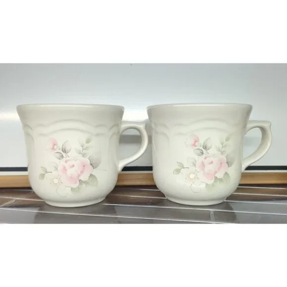 2 Pfaltzgraff Tea Rose Flat Coffee Mugs Tea Cups Made In USA cottage pink flower