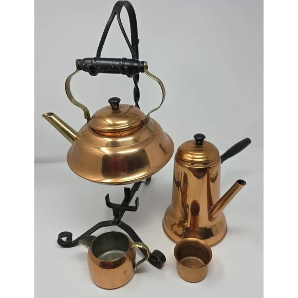 Coppercraft Guild Tea Coffee Set Copper Brass Iron Stand Tray Vintage 6pc Set