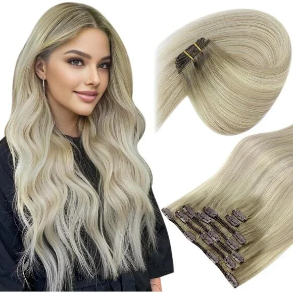 Clip in Hair Extensions Human Hair 16 Inches Straight Ash Blonde Ombre