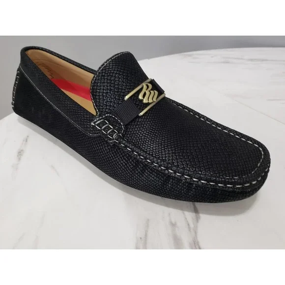 NEW Rocawear 9.5 Black Textured Driving Loafers Gold Logo Slip On Casual Shoes