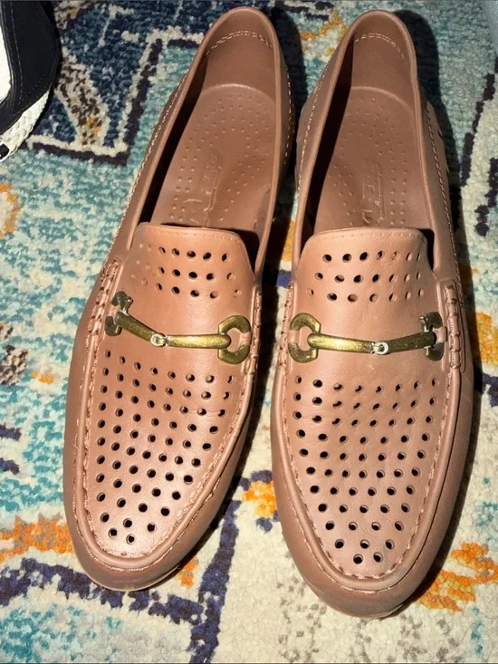 Men's Perforated Slip-On Loafers in Tan with Gold Bit
