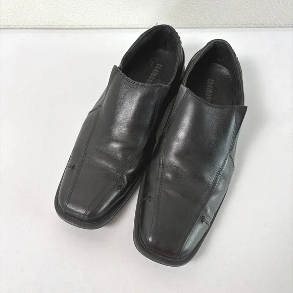 Claiborne Loafers Mens 9.5 Black Leather Square Toe Slip On Dress Shoes EG-9559
