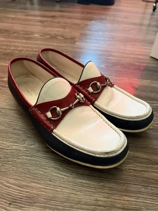 Gucci Two-Tone Leather Horsebit Loafers in White, Red & Black