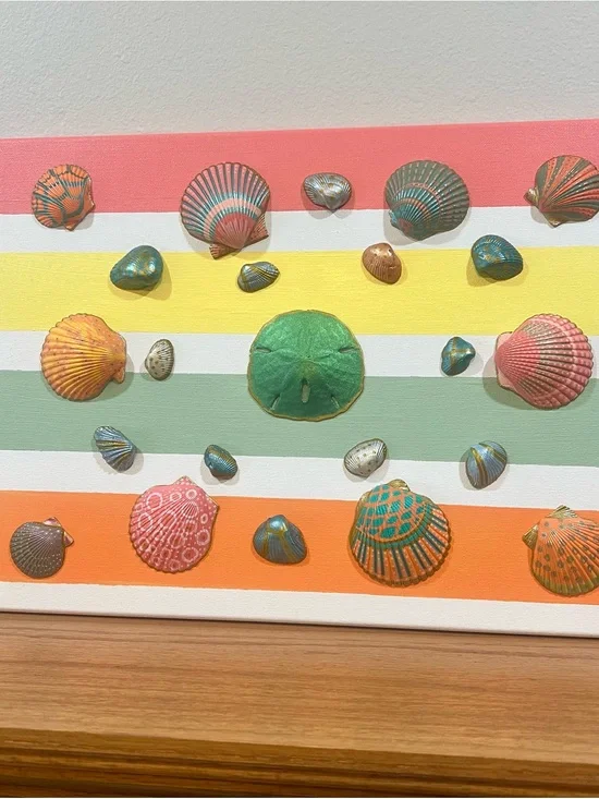 Seashell Wall Art Canvas in Green, Coral & Yellow - Coastal Stripe Decor