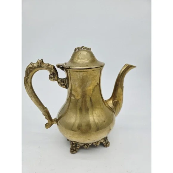 Vintage Indian Brass Teapot Coffee Server‎ Scroll Ornate Footed