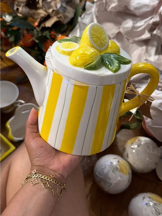 Yellow Lemon Ceramic Teapot - Decorative Striped Kitchen Teapot