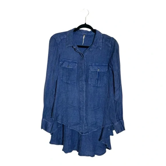 Free People Blue One of the‎ Guys Waffle Knit Tunic Shirt Size XS