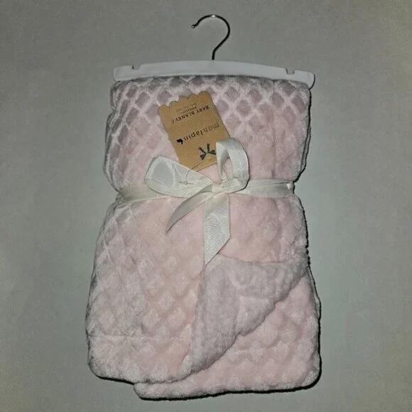 NEW Mon Lapin Solid Light Pink Baby Blanket Waffle Weave Reversible Fleece 30x40