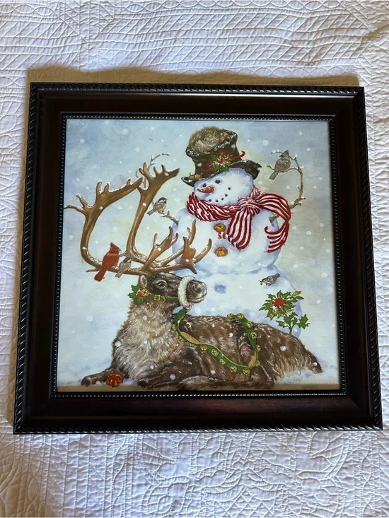 Holiday Snowman & Reindeer Framed Wall Art - Brown Frame