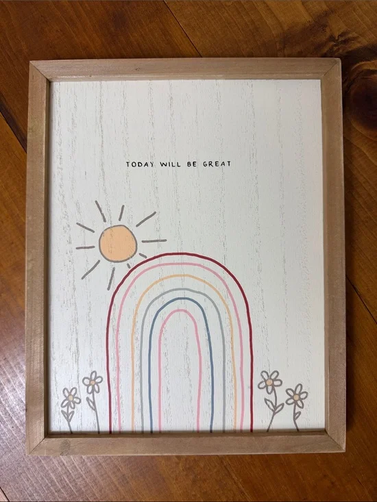 Framed Rainbow & Sun Wall Art – Neutral Wood Frame, White Background