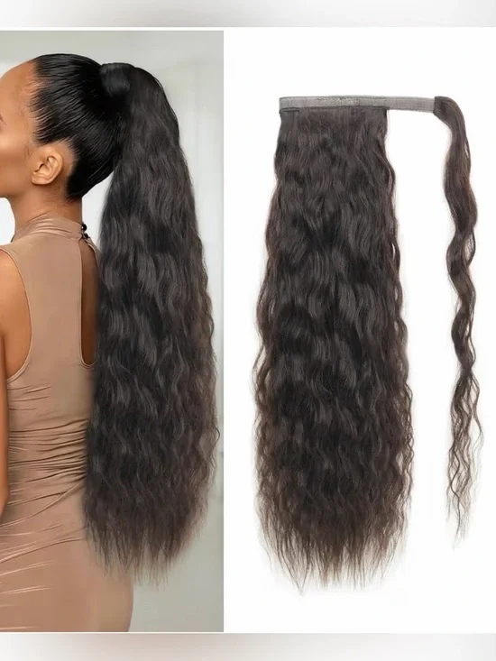 22” Dark Brown #2 Long Wavy Ponytail Extension Human Hair #028