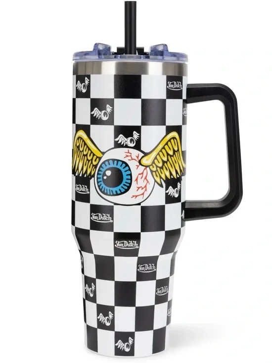 Von Dutch Black White Checkered Tumbler with Blue Eyeball and Yellow Wings
