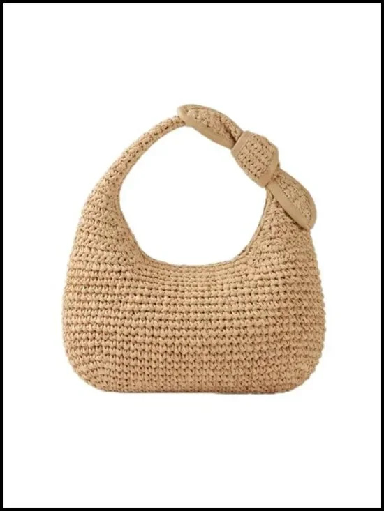 Handwoven Straw Hobo Bag with Bow Detail, Lightweight Beach Shoulder Purse
