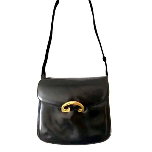Vintage GUCCI Black Lambskin Leather Single Flap Gold Buckle Shoulder Bag