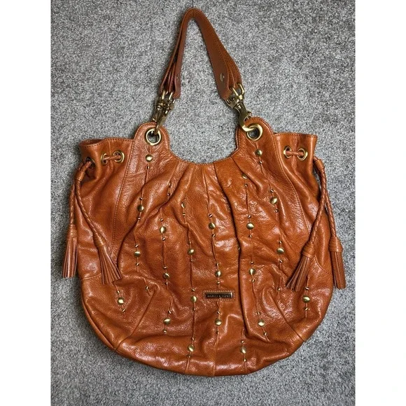 Isabella Fiore Cognac Studded Slouch Hobo Shoulder Bag Tassel Boho Y2K Large