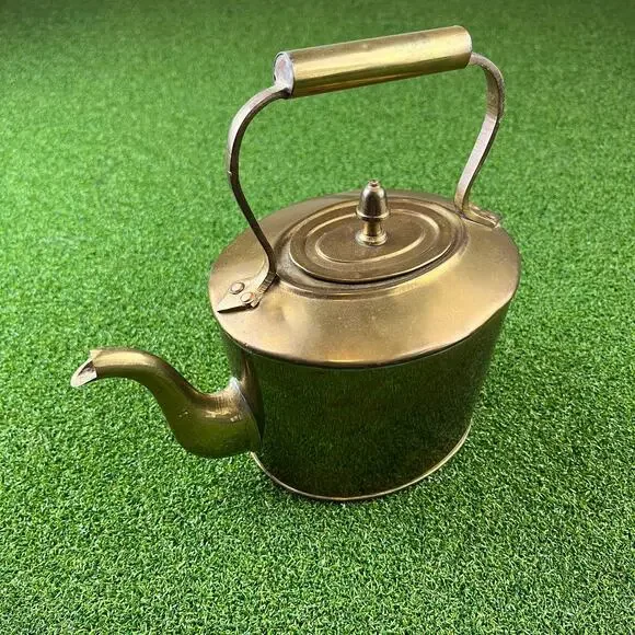 Vintage Brass Teapot Kettle Fixed Handle Copper Oval Shape Decor