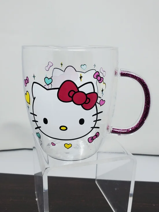 Hello Kitty Clear Mug with Pink Glitter Handle and Red Bow