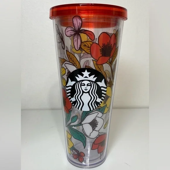 24oz STARBUCKS VENTI POPPY FLOWERS Acrylic Cold Cup Tumbler‎ No Straw EUC