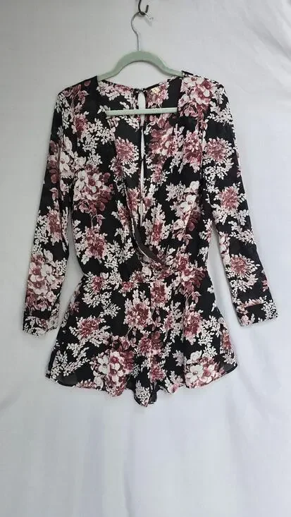 Free People Romper Womens Medium Black Floral Sheer Wrap Long Sleeve Buttons