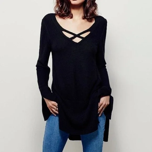Free‎ People Criss Cross Tunic Knit Sweater Black Womens Medium