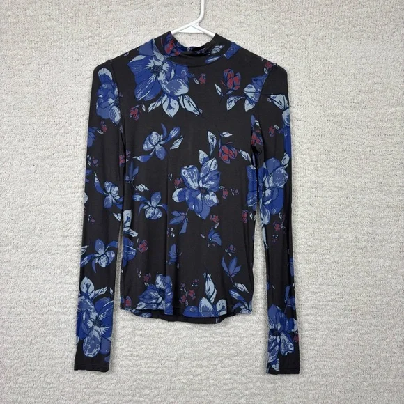 Free People Top‎ Womens Small Chocolate Printed Black Floral Long Sleeve Stretch