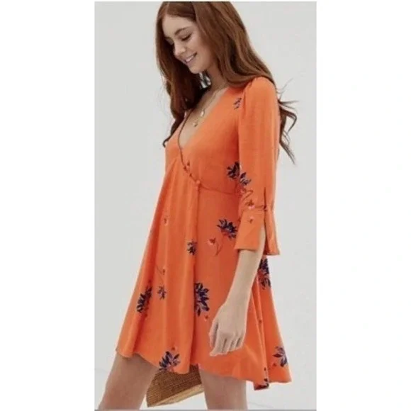 NWT Free‎ People Red Combo Floral Print V Neck Mini Dress Size S Orange