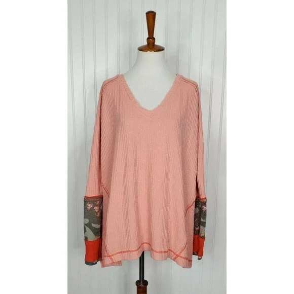 We the Free Camo Cuff Waffle Knit Thermal Oversized Women's Size Small