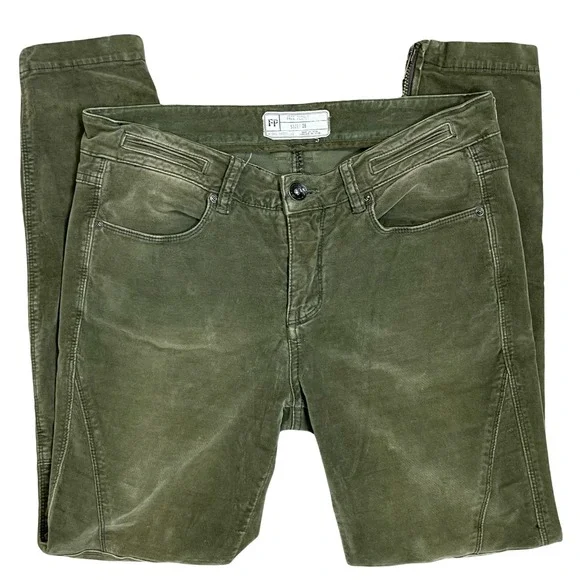 Free People Moto Corduroy Skinny‎ Pants Womens 26 Olive Green Ankle Zip Pocket