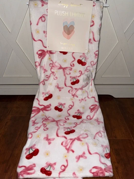 Cozy Heart Cherry & Pink Bows Plush Throw Blanket