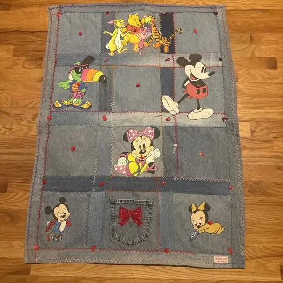 Handmade Denim Patchwork Kids Throw Blanket Mickey Minnie Winnie The Pooh 41x31”