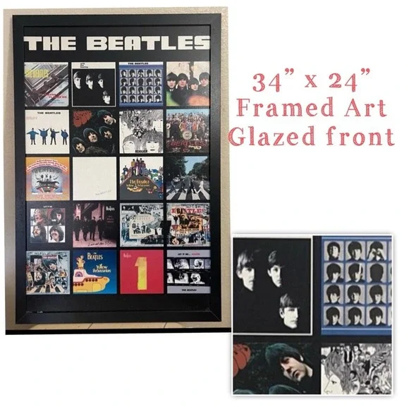 The Beatles Album Cover Collage‎ Framed Art 34x24 Glazed Wall Decor Black Frame
