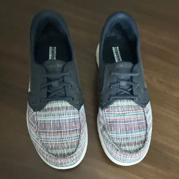 Skechers On-The-Go GOga Mat Comfort Plaid Navy Textile Lace-Up Sneaker 9.5