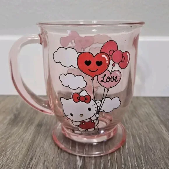Hello Kitty Sanrio Coffee Cup Mug Clear Iridescent Pink Love Heart Balloons