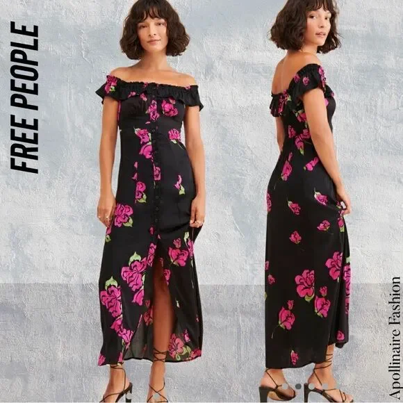 FREE PEOPLE SHE’S A DREAM MAXI DRESS SP IN BLACK COMBO PINK FLORAL PRINT NWOT