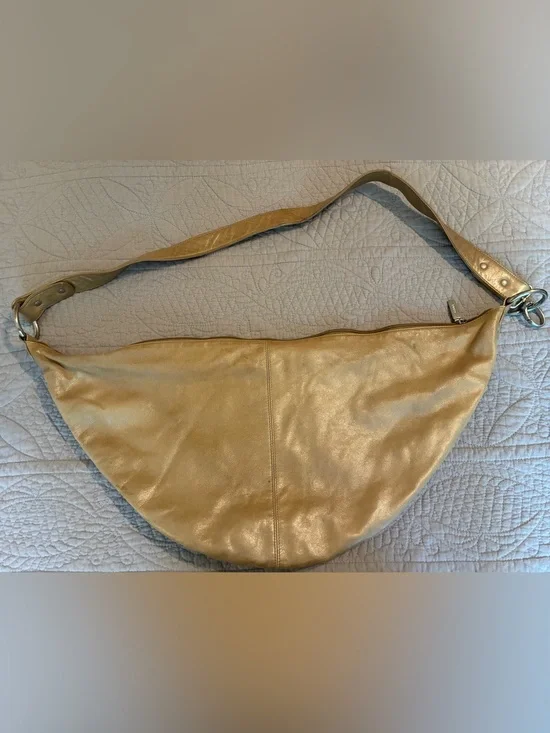HOBO Metallic Gold Crescent Leather Hobo Bag