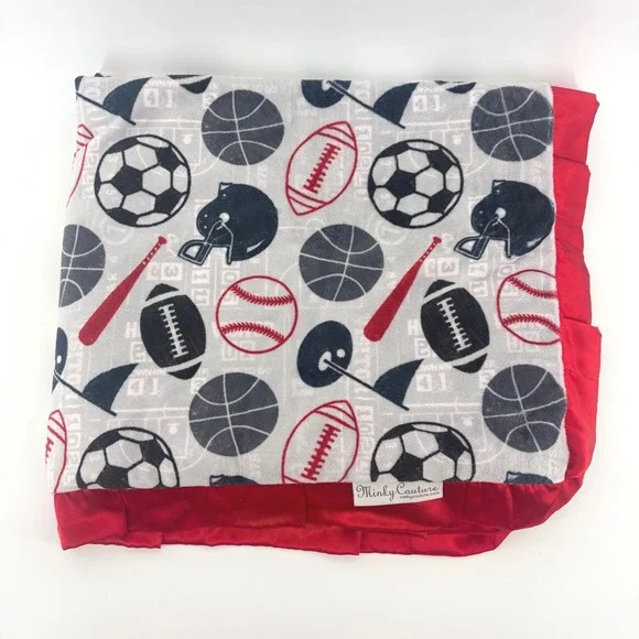 Minky Couture All Star Sports Baby Blanket Red Satin Ruffle Trim Football Soccer