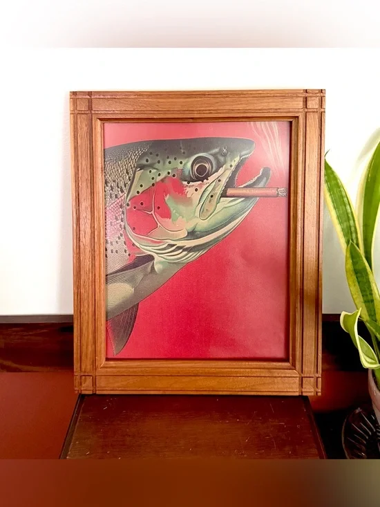 Trout Fish Smoking a Cigarette Vintage Style Canvas Wall Art Print Wood Framed