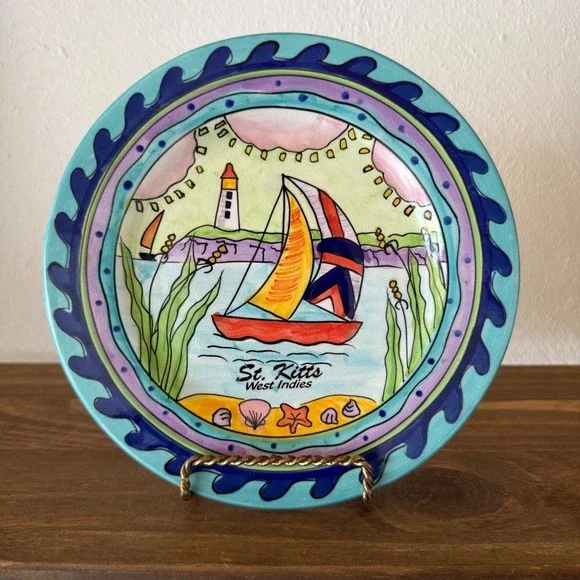 Vintage St Kitts West Indies‎ Hand Painted Plate Sailboat Coastal Decor