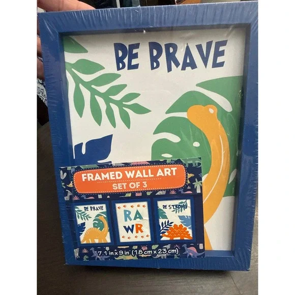 Dinosaur Framed Wall Art Set of 3‎ Be Brave Rawr Be Strong Blue 7x9 Kids Decor